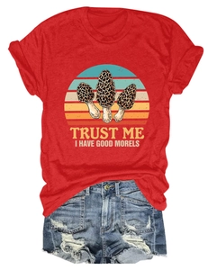 Detail of red t-shirt with mushroom graphic and trust me i have good morels slogan