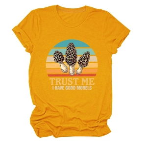 Detail of mushroom graphic and Trust Me I Have Good Morels text on yellow cotton t-shirt