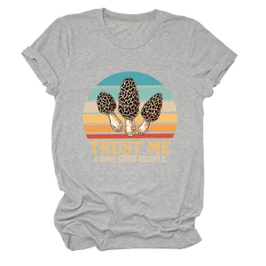 Detailed view of morel mushroom graphic and humor text on gray cotton blend t-shirt