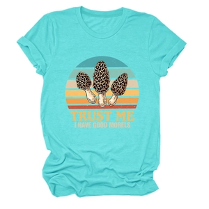 Detailed view of teal cotton t-shirt featuring retro morel mushroom print and pun text
