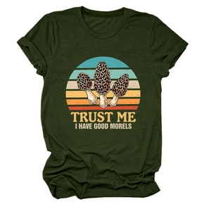 Detail of army green crew neck tee with vintage morel mushroom graphic and funny pun