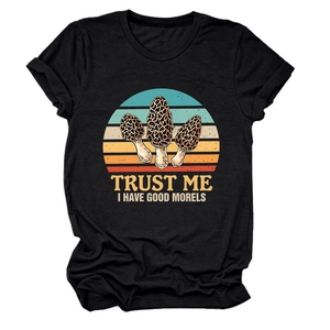 Detail of cotton t-shirt featuring vintage mushroom graphic and funny pun print
