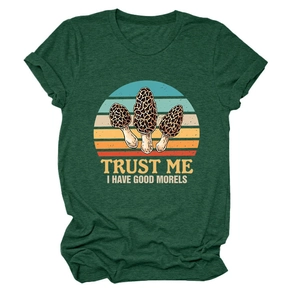 Detail of morel mushroom vintage graphic and pun text on dark green heather cotton t-shirt