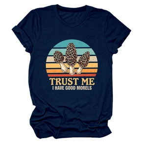 Macro detail of the navy blue cotton fabric and retro morels graphic print on t-shirt