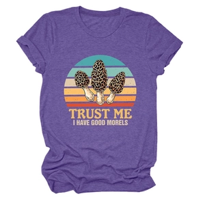 Detail view of purple Morel mushroom print and Trust Me I Have Good Morels quote on T-shirt