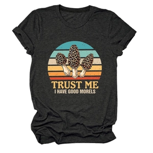Detail of Trust Me I Have Good Morels print on a charcoal cotton t-shirt