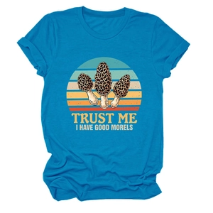 Close-up of blue cotton T-shirt featuring retro morel mushroom print and rolled sleeves