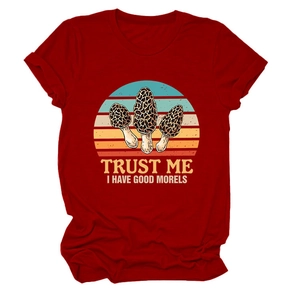 Deep red cotton t-shirt with Trust Me I Have Good Morels vintage mushroom print