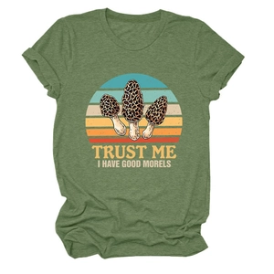 Detailed flat lay of moss green heather t-shirt with retro morel mushroom graphic print
