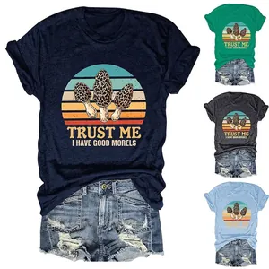 Funny Morel Mushroom T Shirt Women Retro Sunset Graphic Short Sleeve Crew Neck Cotton Blend Summer Casual Top Slogan Print