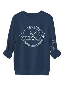 Detail of navy blue sweatshirt showing white hockey print and ribbed cuffs for a retro style