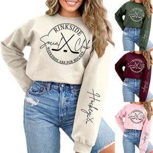 Women's Round Neck Sweatshirt Hockey Rinkside Social Club Print Long Sleeve Loose Casual Cotton Blend Pullover Top