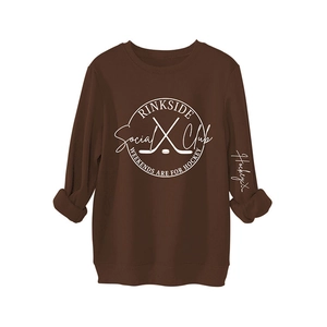 Thick dark brown hockey crewneck sweatshirt featuring white Rinkside Social Club print