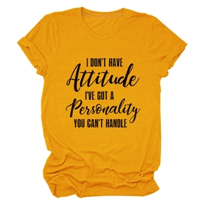 Close-up of mustard yellow cotton T-shirt with black graphic text print and round neck