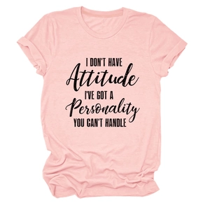 Detail of quote print on soft pink crew neck t-shirt with rolled sleeves design
