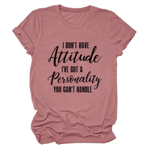 Detail of mauve heather t-shirt with personality slogan and folded cuff sleeves