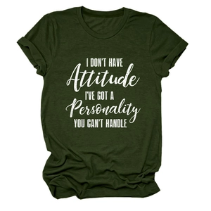 Flat lay of army green crew neck T-shirt featuring minimalist white graphic text print