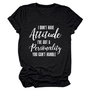 Close-up of the slogan print on this black cotton blend crew neck t-shirt for women