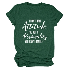 Detailed texture of forest green cotton blend tee with white slogan print on white background