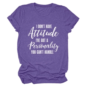 Detail of marl purple crew neck T-shirt featuring white artistic graphic slogan print
