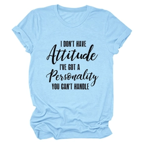 Detail of light blue cotton T-shirt with black slogan and rolled cuff sleeve design