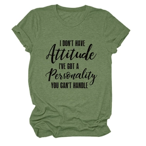 Detail of olive green t-shirt with black text print on a smooth knit cotton fabric