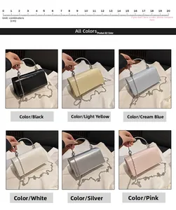 Vue détaillée de sacs à main carrés élégants en six couleurs avec poignées métal et chaînes