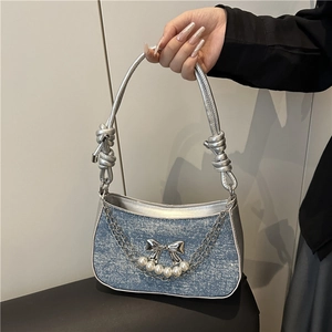 Bowknot Artificial Pearl Chain Underarm Bag PU Denim Shoulder Handbag Y2K Style For Women Fashionable Sweet Cool