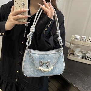Blue denim crossbody bag with silver bow, pearl chain and knot handle for women