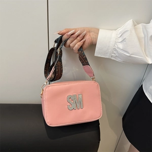 Women Crossbody Camera Bag PU Leather Rhinestone Letter Decor Bohemian Wide Shoulder Strap Small Square Casual Trend Handbag