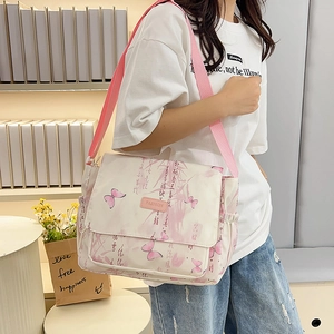 Women Nylon Messenger Bag Large Capacity Butterfly Chinese Calligraphy Print Flap Crossbody Bag Casual School Tote Chic