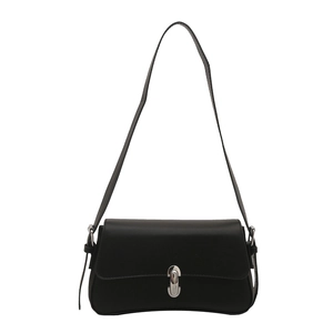 French style black structured leather underarm bag with silver buckle on white background