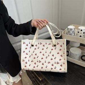 Sac Fourre-Tout Imprimé Cerise en Cuir PU Grande Capacité Sac à Épaule pour Femmes Casual Quotidien Voyage Mode Sac à Main