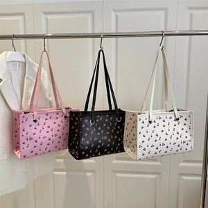 Floral cherry print tote bags for women in pink black and white stylish faux leather design