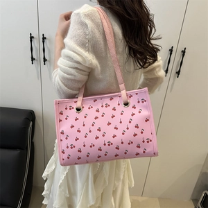 Pink tote bag with red cherry print for women, stylish large capacity shoulder handbag
