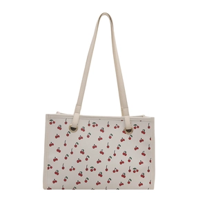Floral cherry print tote bag for women in off-white PU leather with shoulder straps