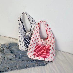 Sac Cabas Femme Réversible Imprimé Nœuds Poche Vichy Bordure Dentelle Grande Capacité Style Coréen Nylon Sac Bandoulière Main