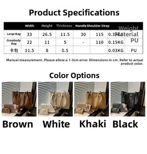 Size chart for the 3-piece PU leather tote bag set including crossbody and card pouch