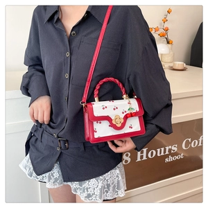Detail of mini cherry print crossbody bag with golden flower lock and woven handle