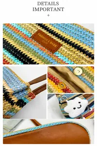 Close-up of multicolored woven straw bag with premium leather handles and magnetic clasp