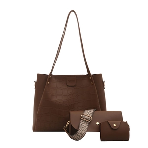 3-piece brown crocodile embossed tote bag set with wide jacquard shoulder strap
