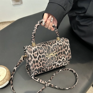 Women's Leopard Print Handbag PU Leather Small Square Bag With Golden Bow Buckle Fashion Shoulder Crossbody Bag For Daily Use
