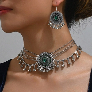 Bohemian Ethnic Jewelry Alloy Synthetic Stone Multi Layer Tassel Necklace And Earrings Vintage Gypsy Style Women