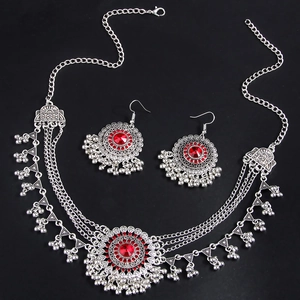 Bohemian multilayer silver chain jewelry set with red rhinestones and tassels