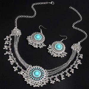 Bohemian multi-layer necklace and earring set with turquoise stones and bells