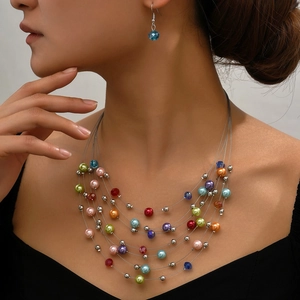 Collier Multicouche Et Boucles D'oreilles Avec Künstliche Perles D'imitation Et Künstliche Perles De Cristal Bijoux Bohèmes Élégants Pour Femmes