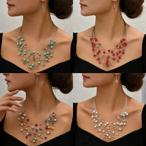 Détail de l'ensemble collier et boucles d'oreilles multicouches en quatre couleurs