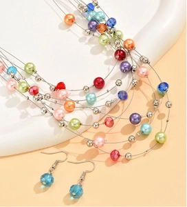 Vue détaillée d'une parure bohème avec collier multicouche en perles colorées et boucles