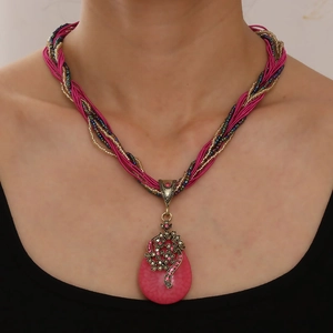Vintage Bohemian Ethnic Κολιέ Με Μενταγιόν Δάκρυ Για Γυναίκες Κοίλο Λουλούδι Κράμα Συνθετική Πέτρα Πλεγμένο Σχοινί Πολύχρωμα Κοσμήματα
