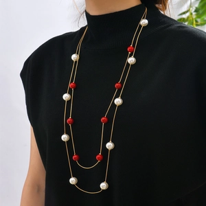 Elegant Layered Long Necklace Alloy With Faux Artificial Pearl Beads Simple Sweater Chain For Women Stylish Layering Jewelry